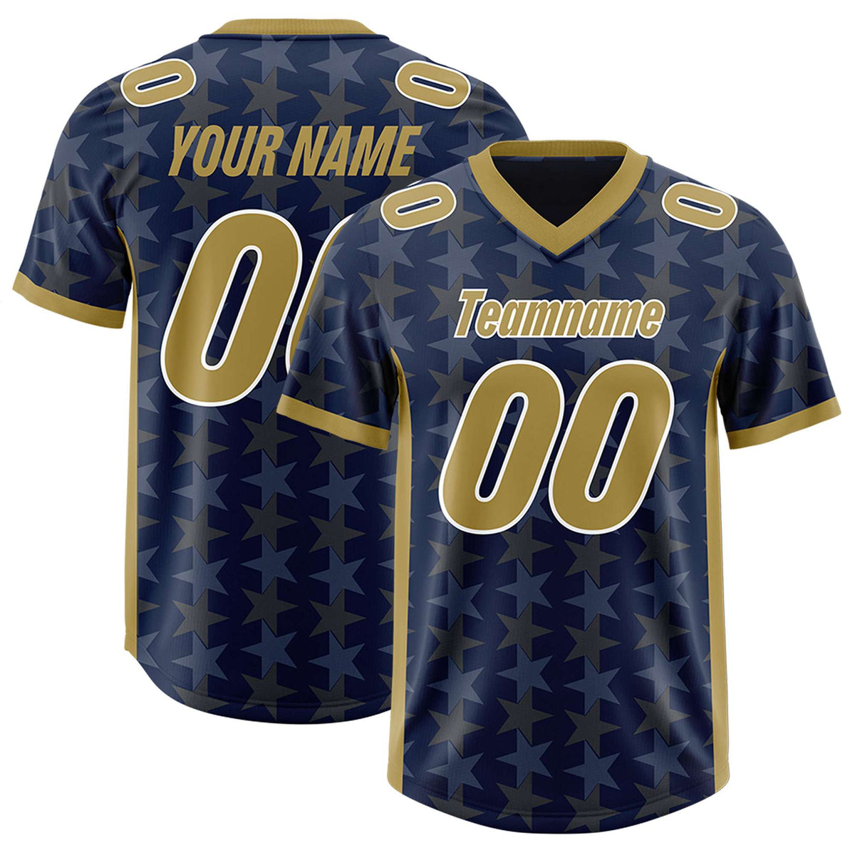 Custom Navy Old Gold Personalized All Star Graffiti Pattern Authentic American Football Jersey