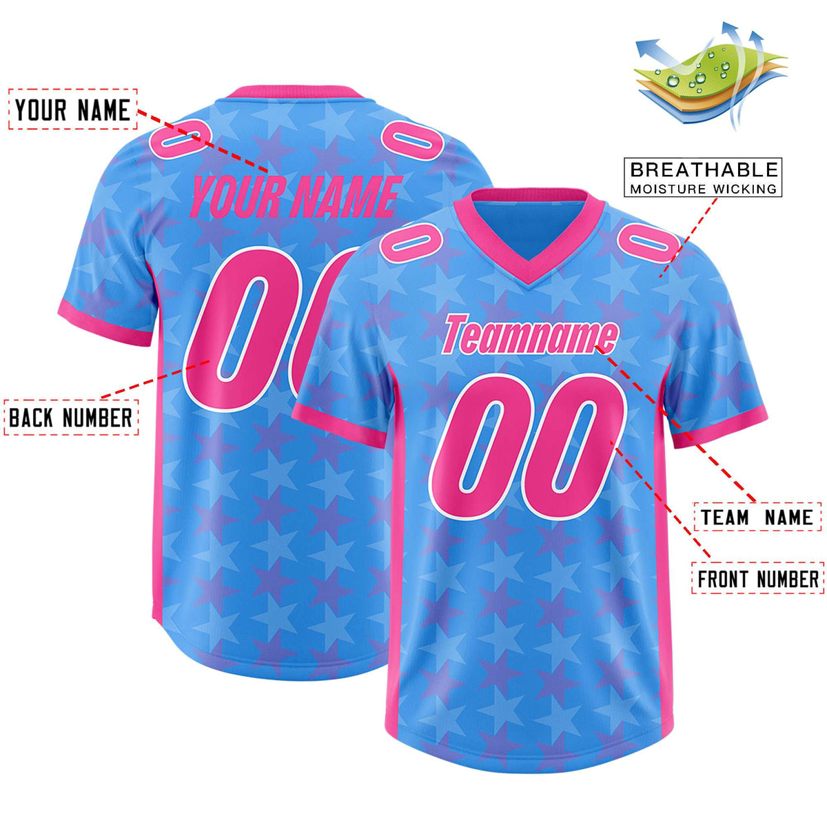 Custom Light Blue Pink Personalized All Star Graffiti Pattern Authentic American Football Jersey