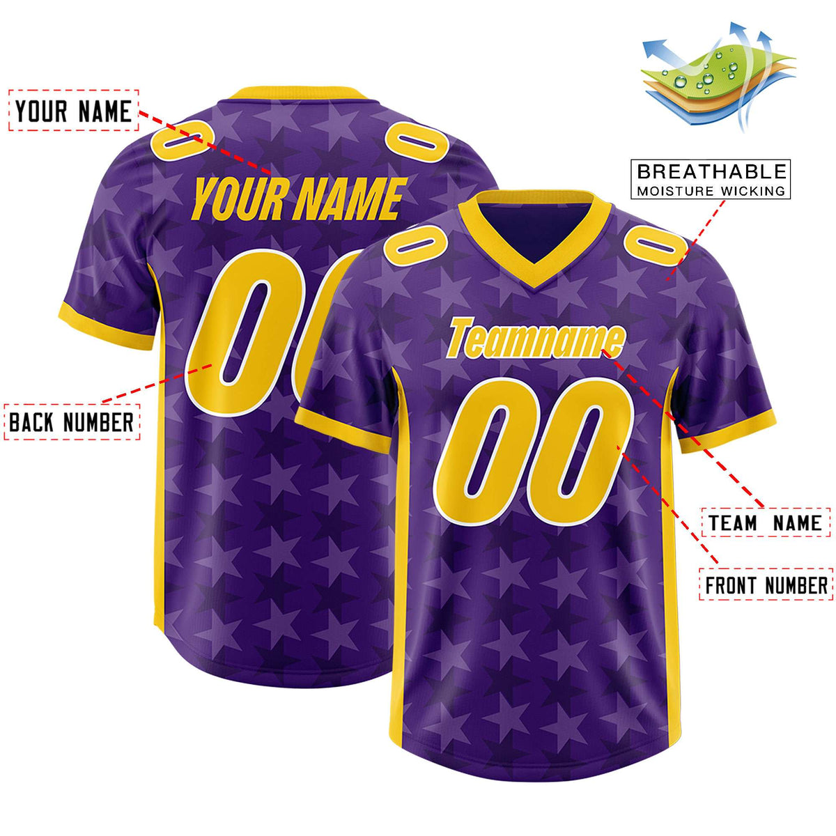Custom Purple Gold Personalized All Star Graffiti Pattern Authentic American Football Jersey
