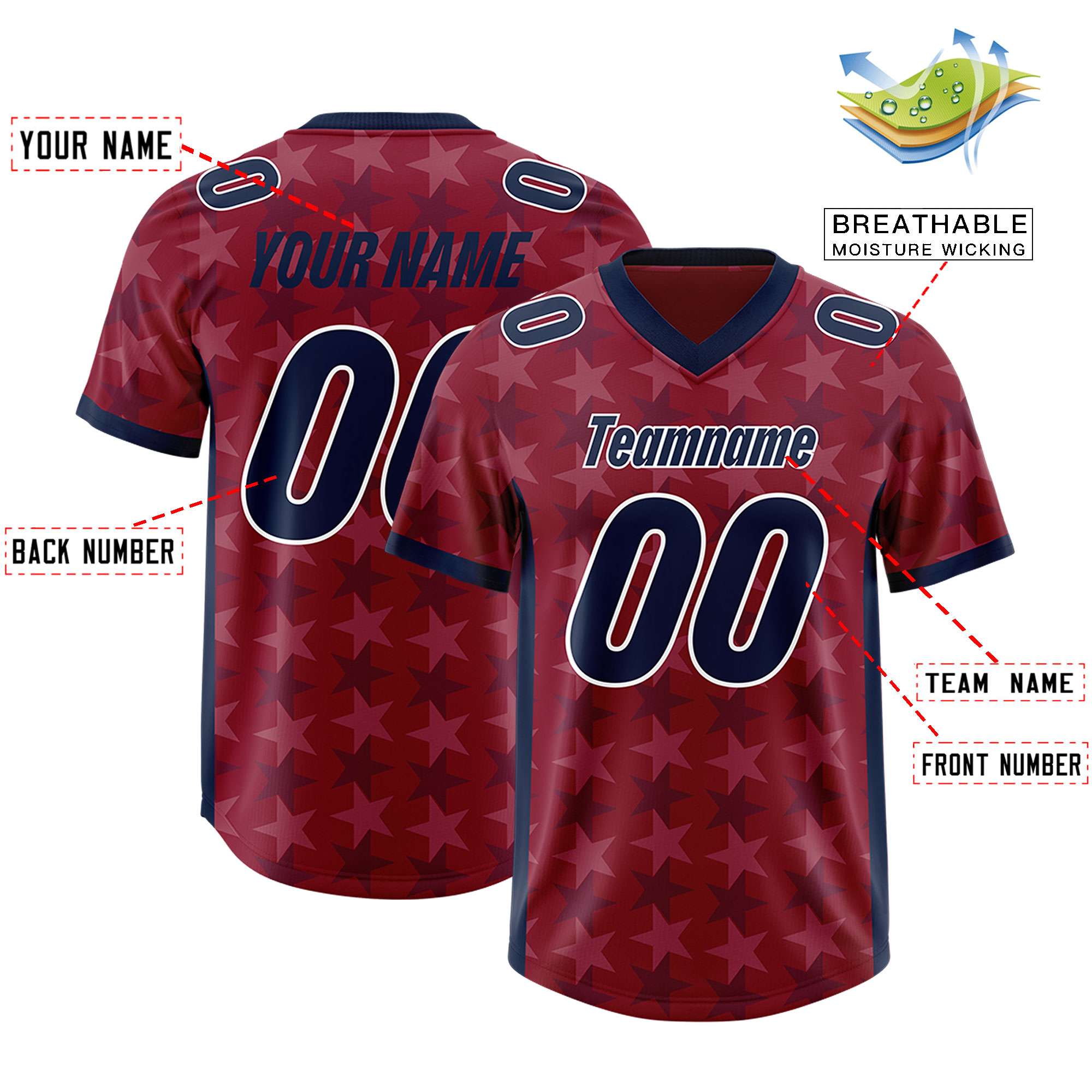 Custom Crimson Navy Personalized All Star Graffiti Pattern Authentic American Football Jersey