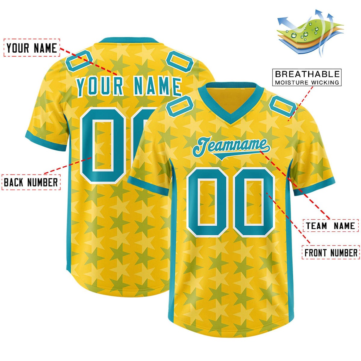 Custom Gold Aqua Personalized All Star Graffiti Pattern Authentic American Football Jersey