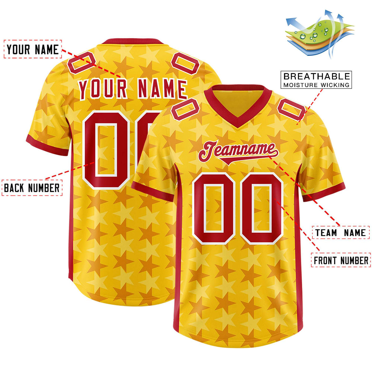 Custom Gold Red Personalized All Star Graffiti Pattern Authentic American Football Jersey