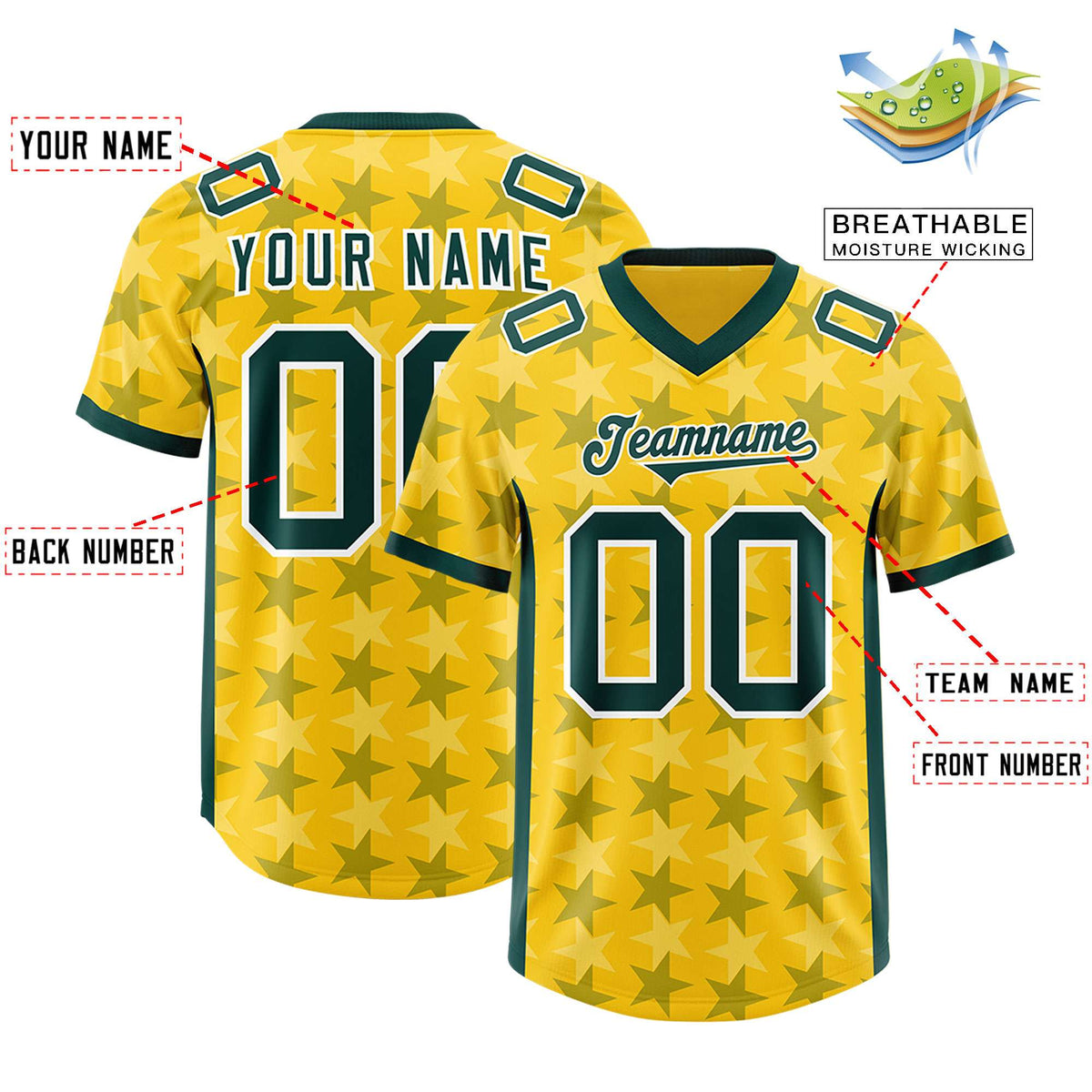 Custom Gold Green Personalized All Star Graffiti Pattern Authentic American Football Jersey