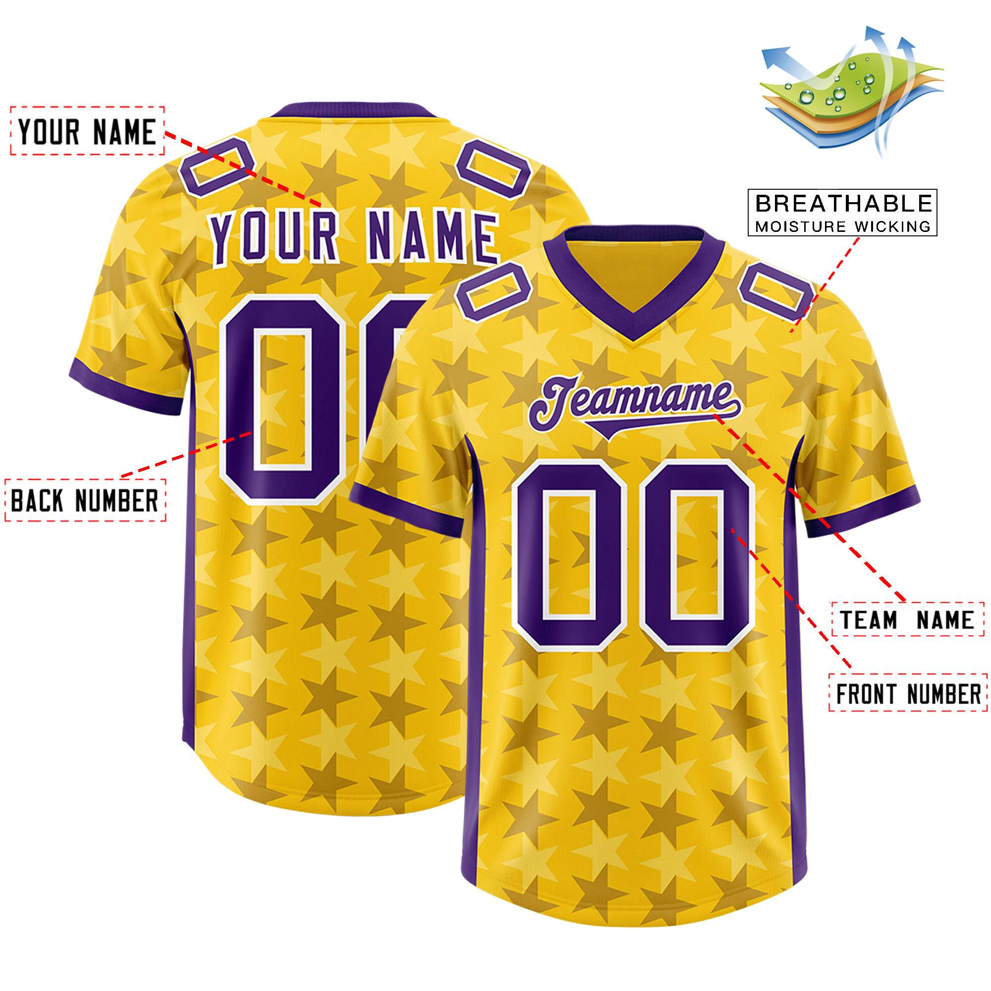 Custom Gold Purple Personalized All Star Graffiti Pattern Authentic American Football Jersey