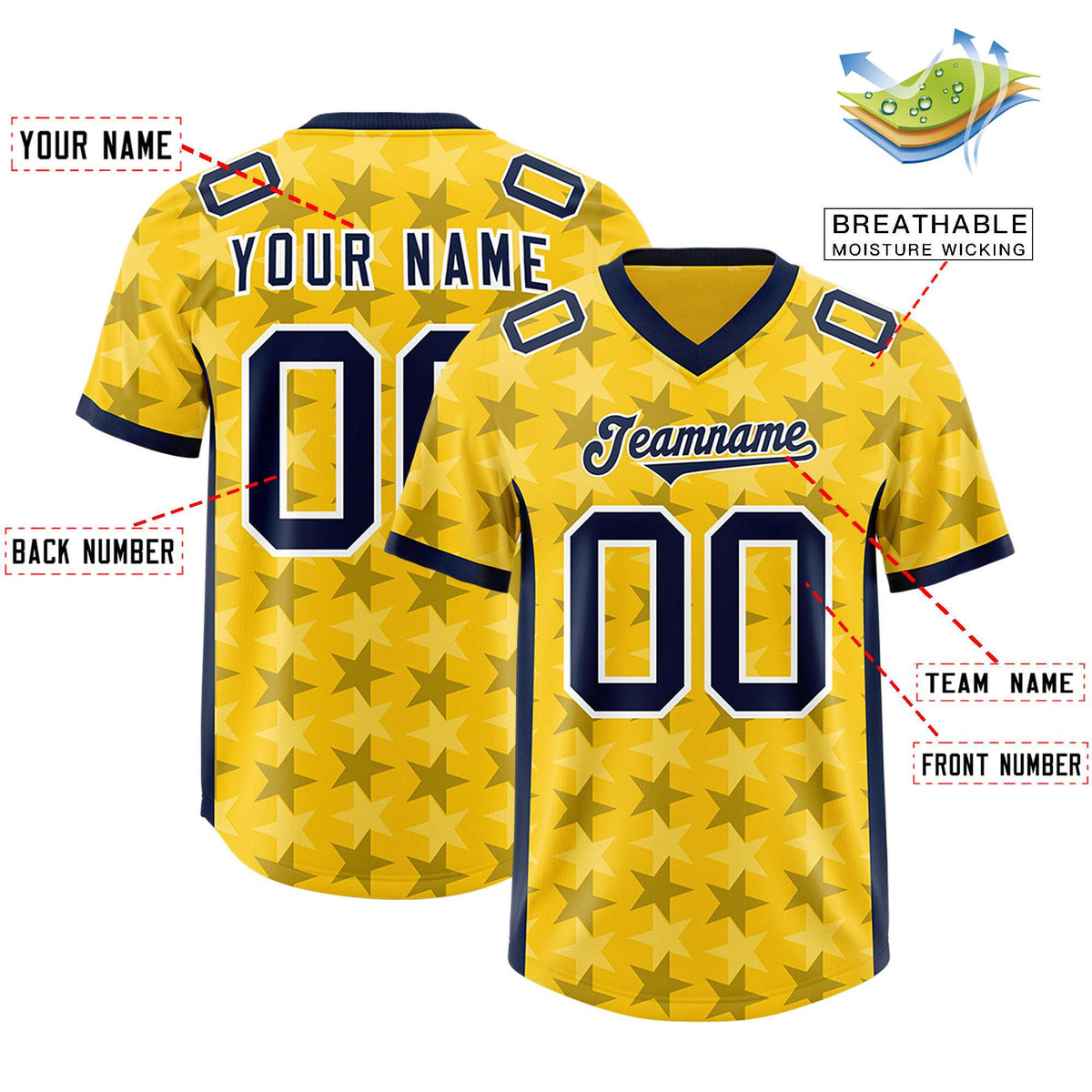 Custom Gold Navy Personalized All Star Graffiti Pattern Authentic American Football Jersey