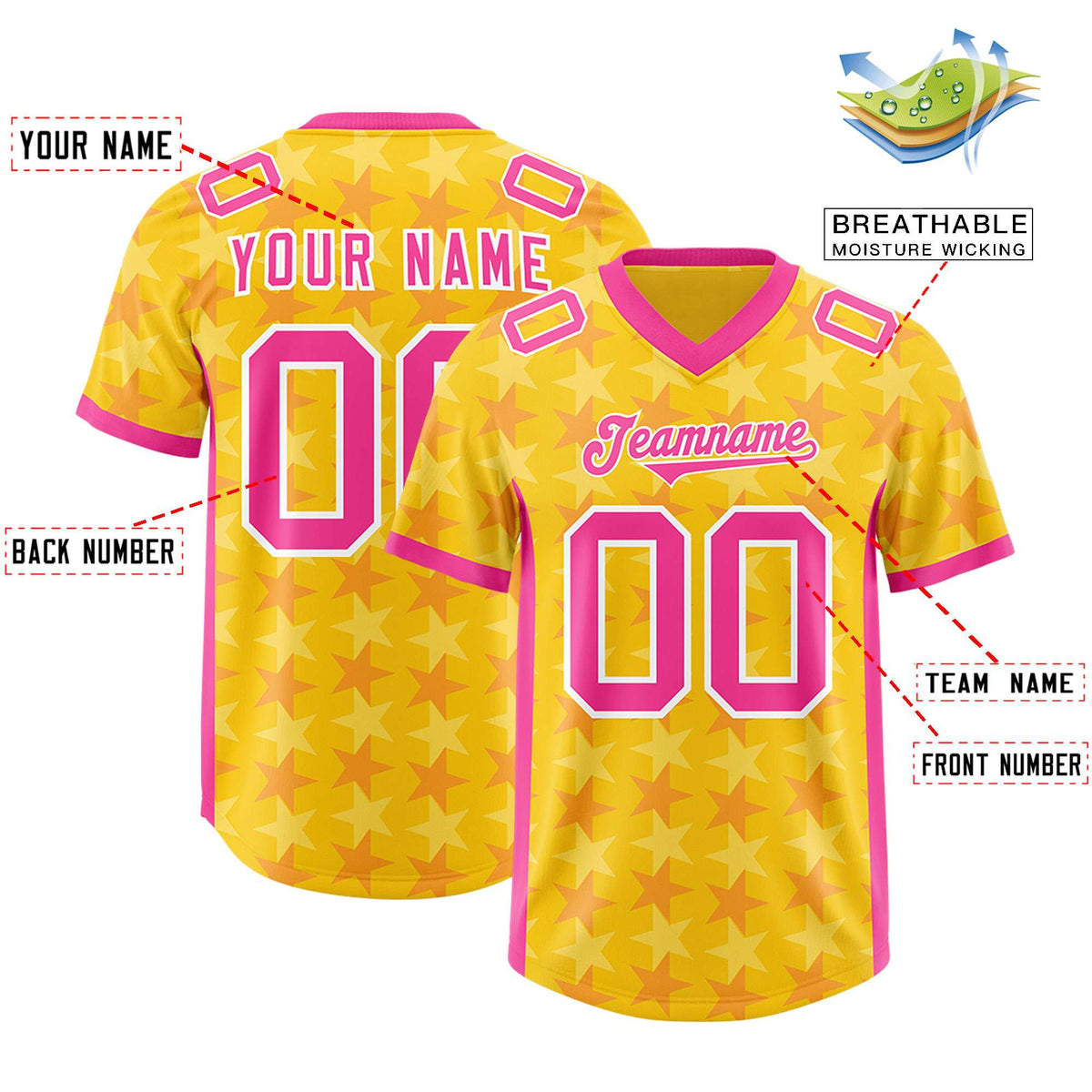 Custom Gold Pink Personalized All Star Graffiti Pattern Authentic American Football Jersey
