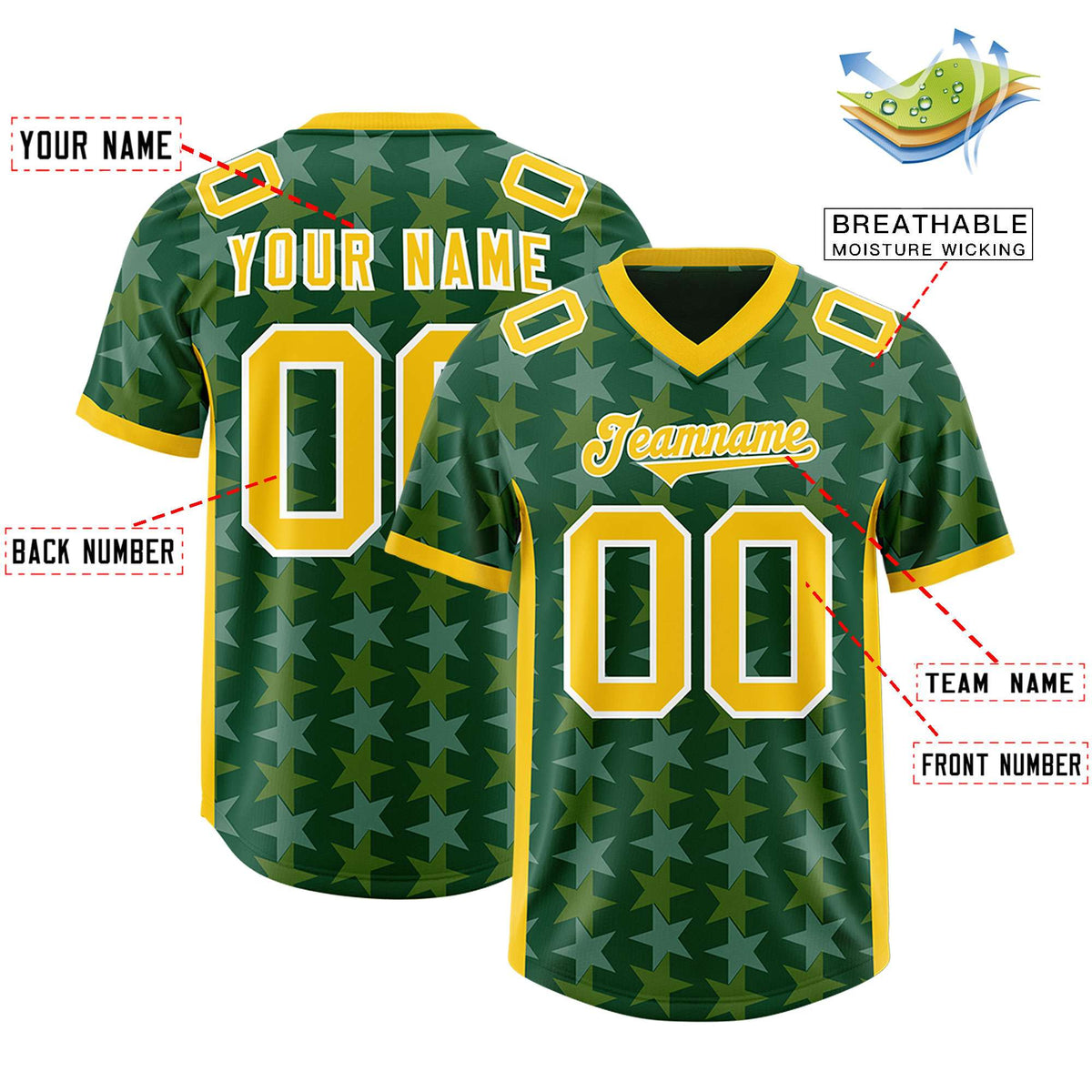 Custom Green Gold Personalized All Star Graffiti Pattern Authentic American Football Jersey