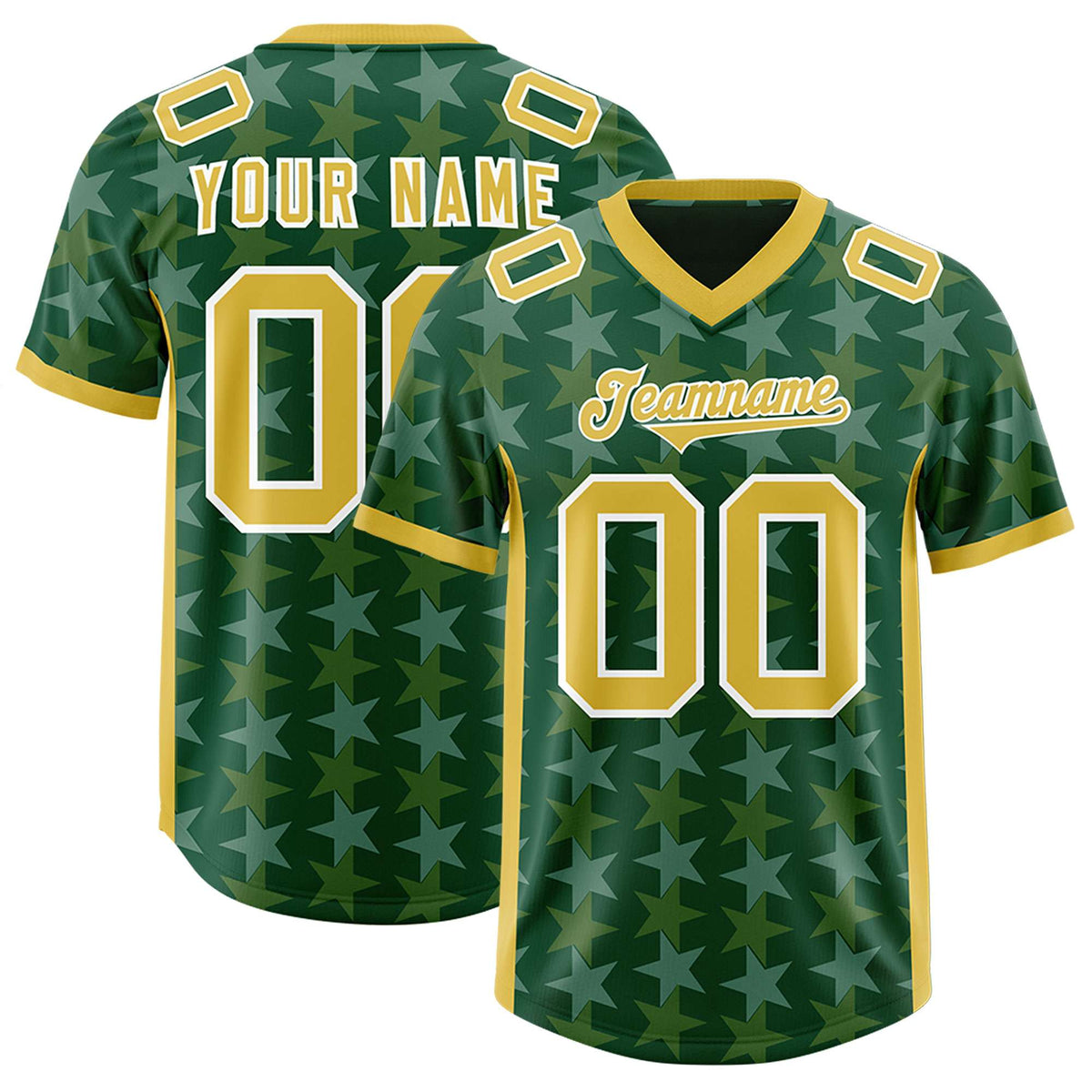 Custom Green Old Gold Personalized All Star Graffiti Pattern Authentic American Football Jersey
