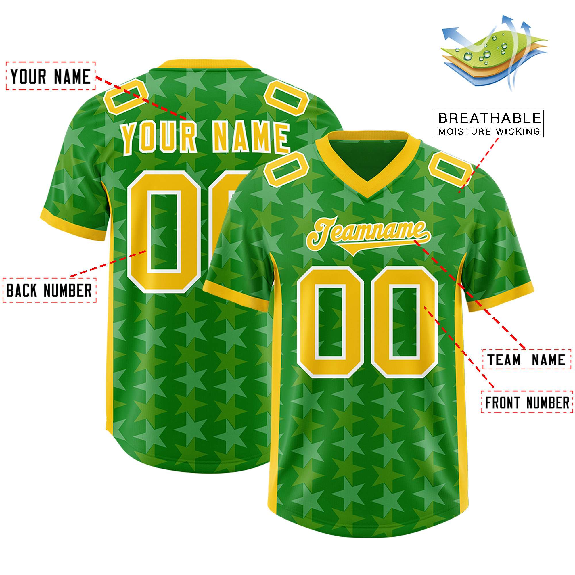 Custom Kelly Green Gold Personalized All Star Graffiti Pattern Authentic American Football Jersey