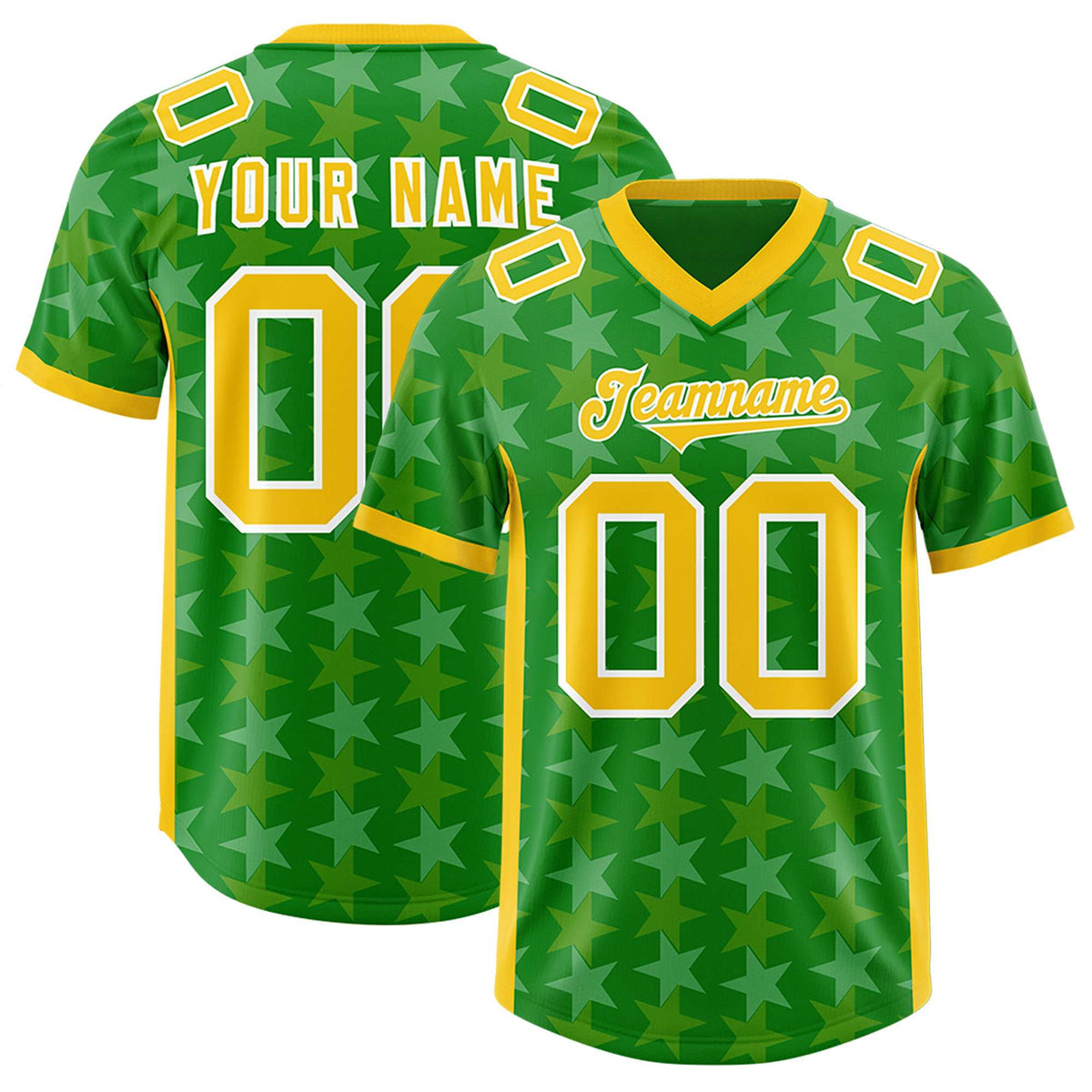 Custom Kelly Green Gold Personalized All Star Graffiti Pattern Authentic American Football Jersey