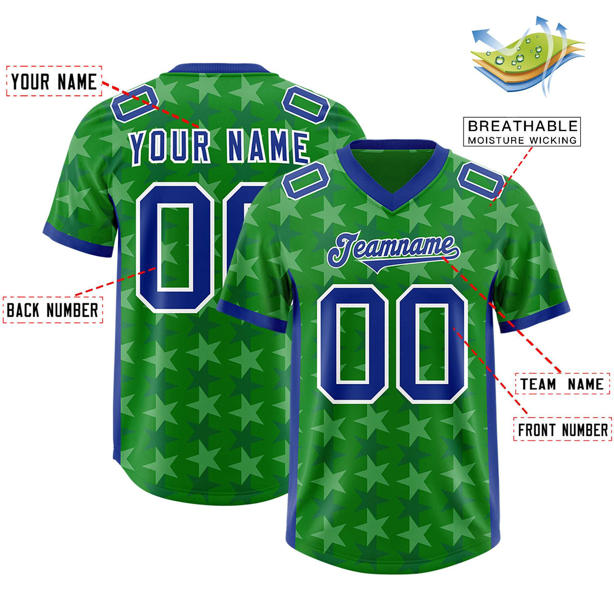 Custom Kelly Green Royal Personalized All Star Graffiti Pattern Authentic American Football Jersey