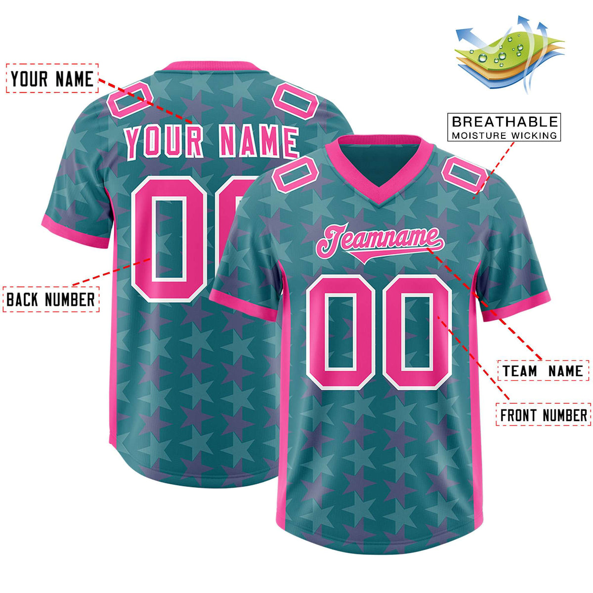 Custom Aqua Pink Personalized All Star Graffiti Pattern Authentic American Football Jersey