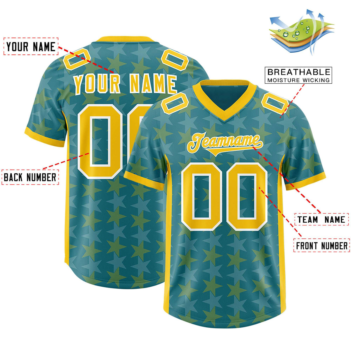 Custom Aqua Gold Personalized All Star Graffiti Pattern Authentic American Football Jersey