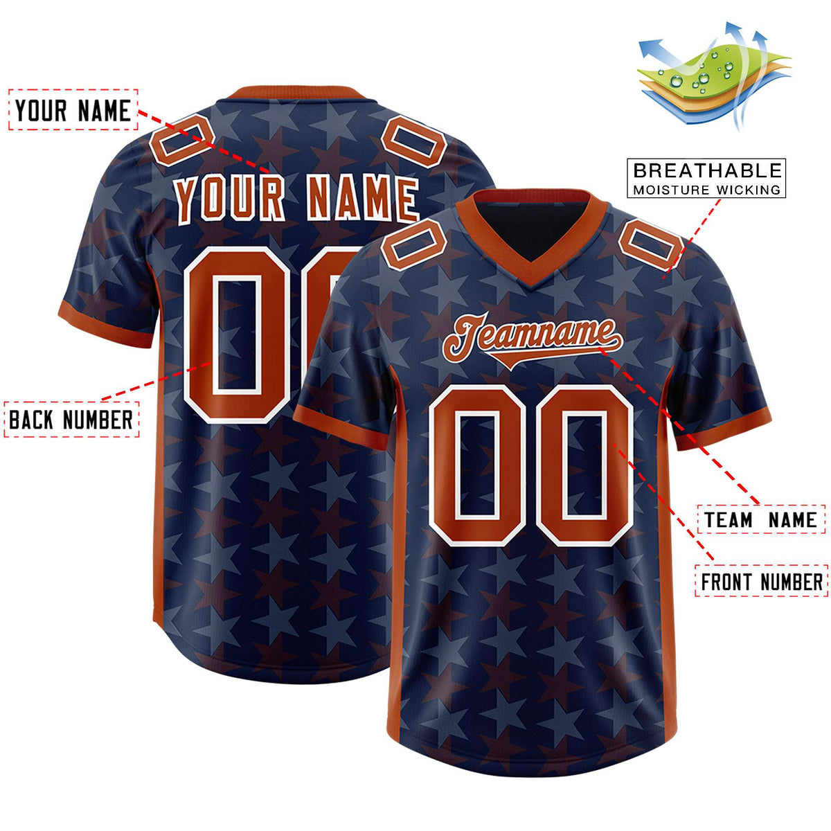 Custom Navy Texas Orange Personalized All Star Graffiti Pattern Authentic American Football Jersey