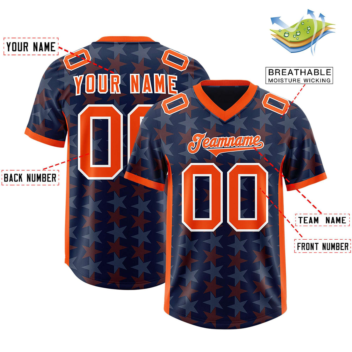 Custom Navy Orange Personalized All Star Graffiti Pattern Authentic American Football Jersey