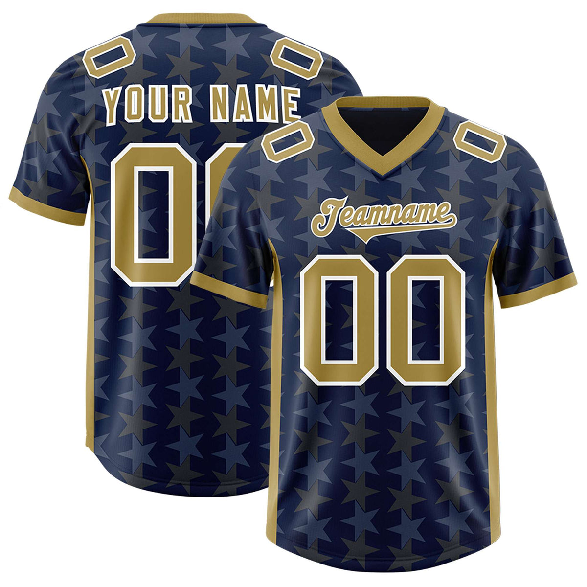 Custom Navy Old Gold Personalized All Star Graffiti Pattern Authentic American Football Jersey