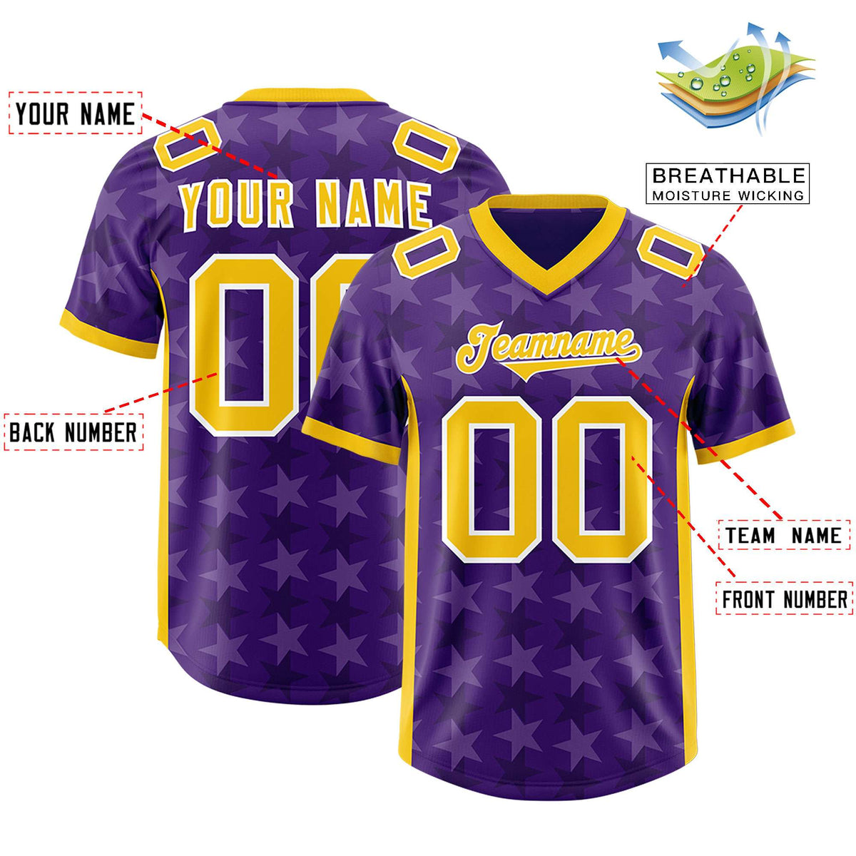 Custom Purple Gold Personalized All Star Graffiti Pattern Authentic American Football Jersey