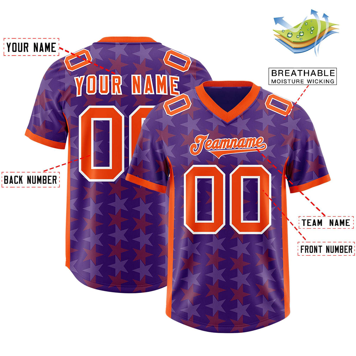 Custom Purple Orange Personalized All Star Graffiti Pattern Authentic American Football Jersey