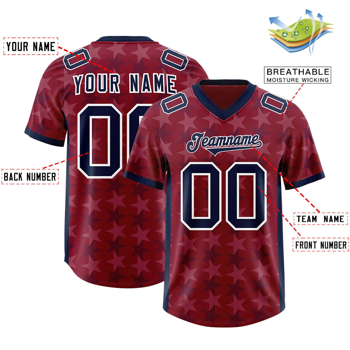 Custom Crimson Navy Personalized All Star Graffiti Pattern Authentic American Football Jersey