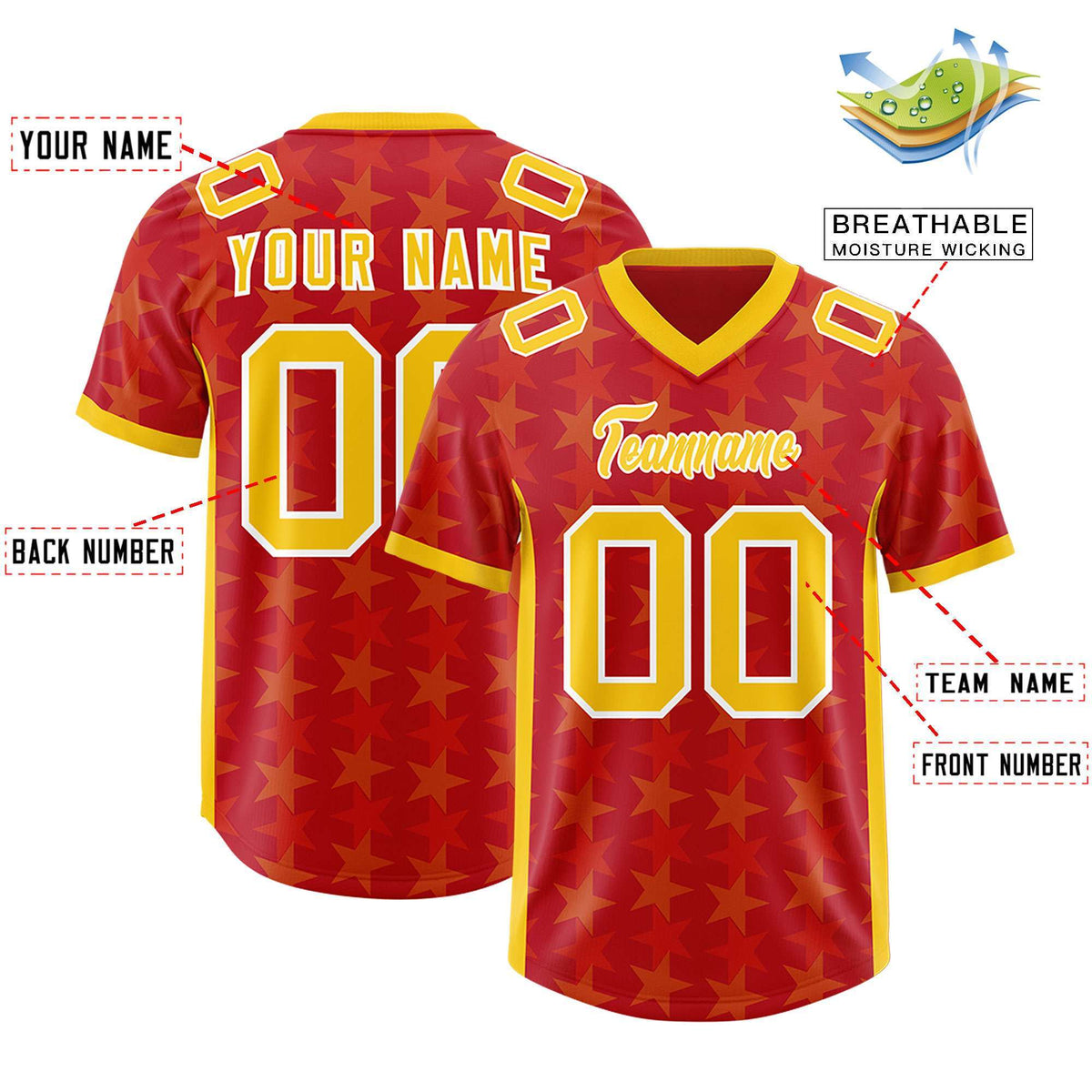 Custom Red Yellow Personalized All Star Graffiti Pattern Authentic American Football Jersey