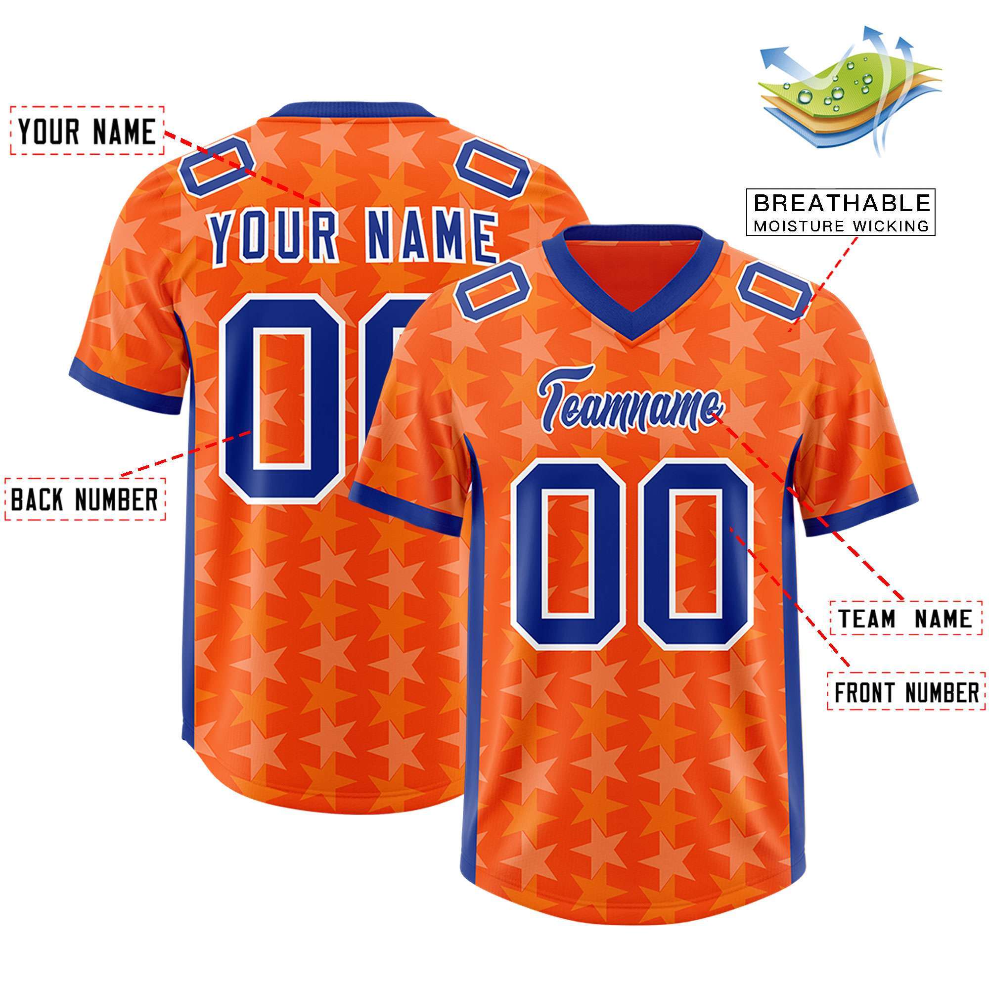 Custom Orange Royal Personalized All Star Graffiti Pattern Authentic American Football Jersey