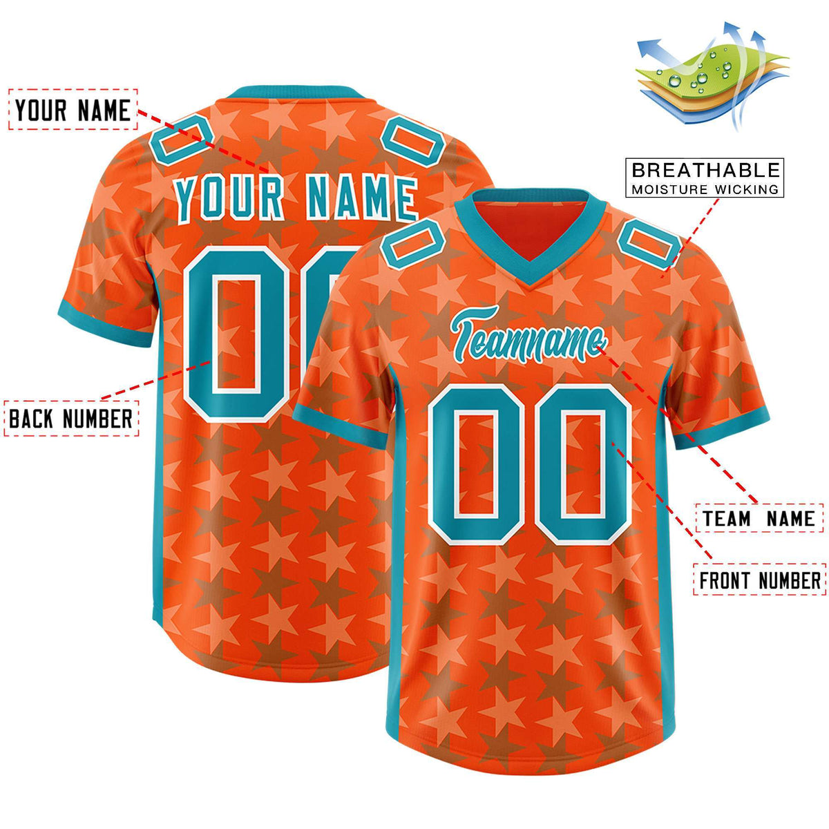 Custom Orange Aqua Personalized All Star Graffiti Pattern Authentic American Football Jersey