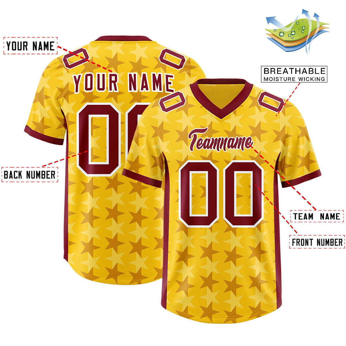Custom Gold Crimson Personalized All Star Graffiti Pattern Authentic American Football Jersey