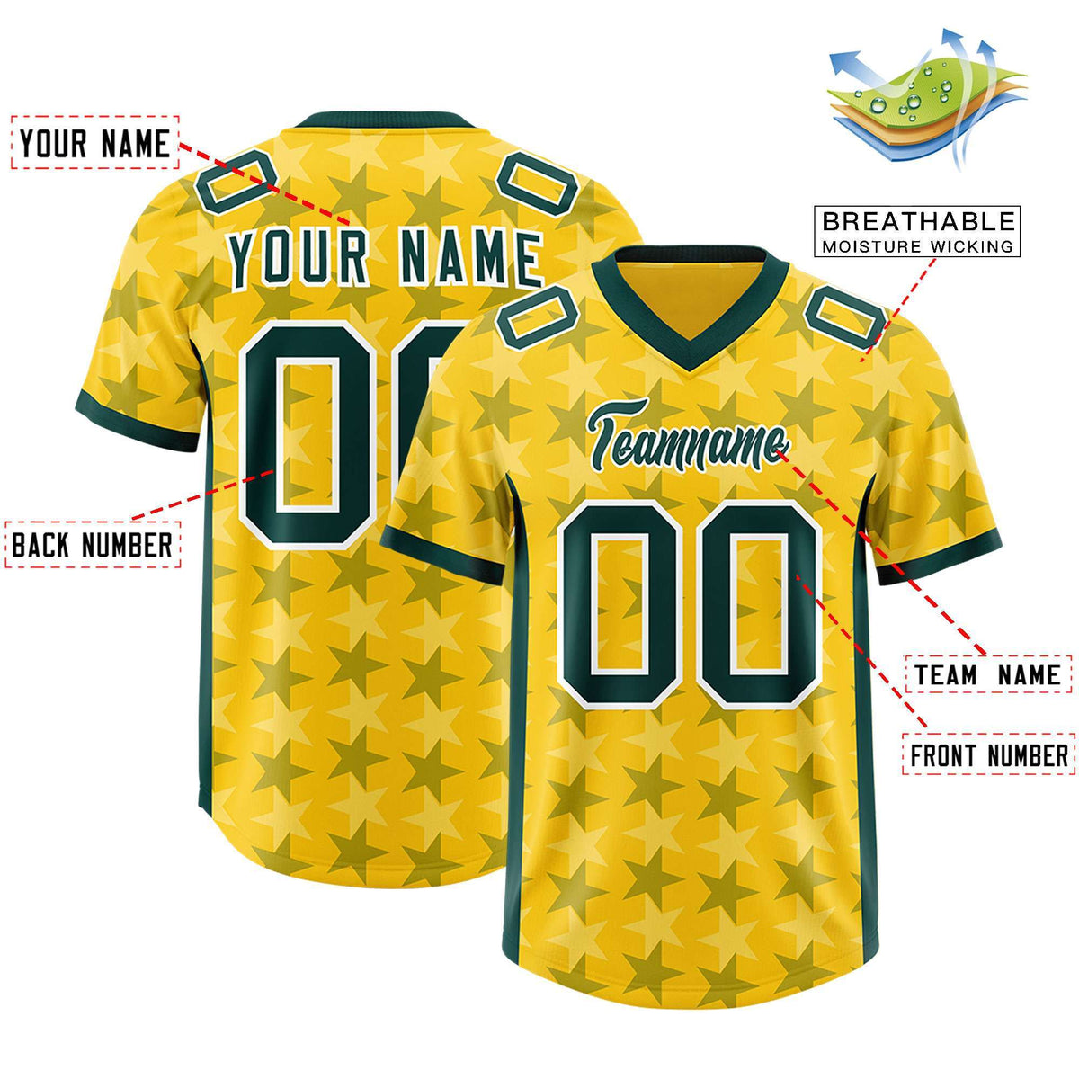 Custom Gold Green Personalized All Star Graffiti Pattern Authentic American Football Jersey