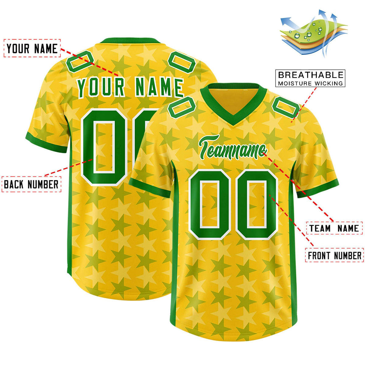 Custom Gold Kelly Green Personalized All Star Graffiti Pattern Authentic American Football Jersey