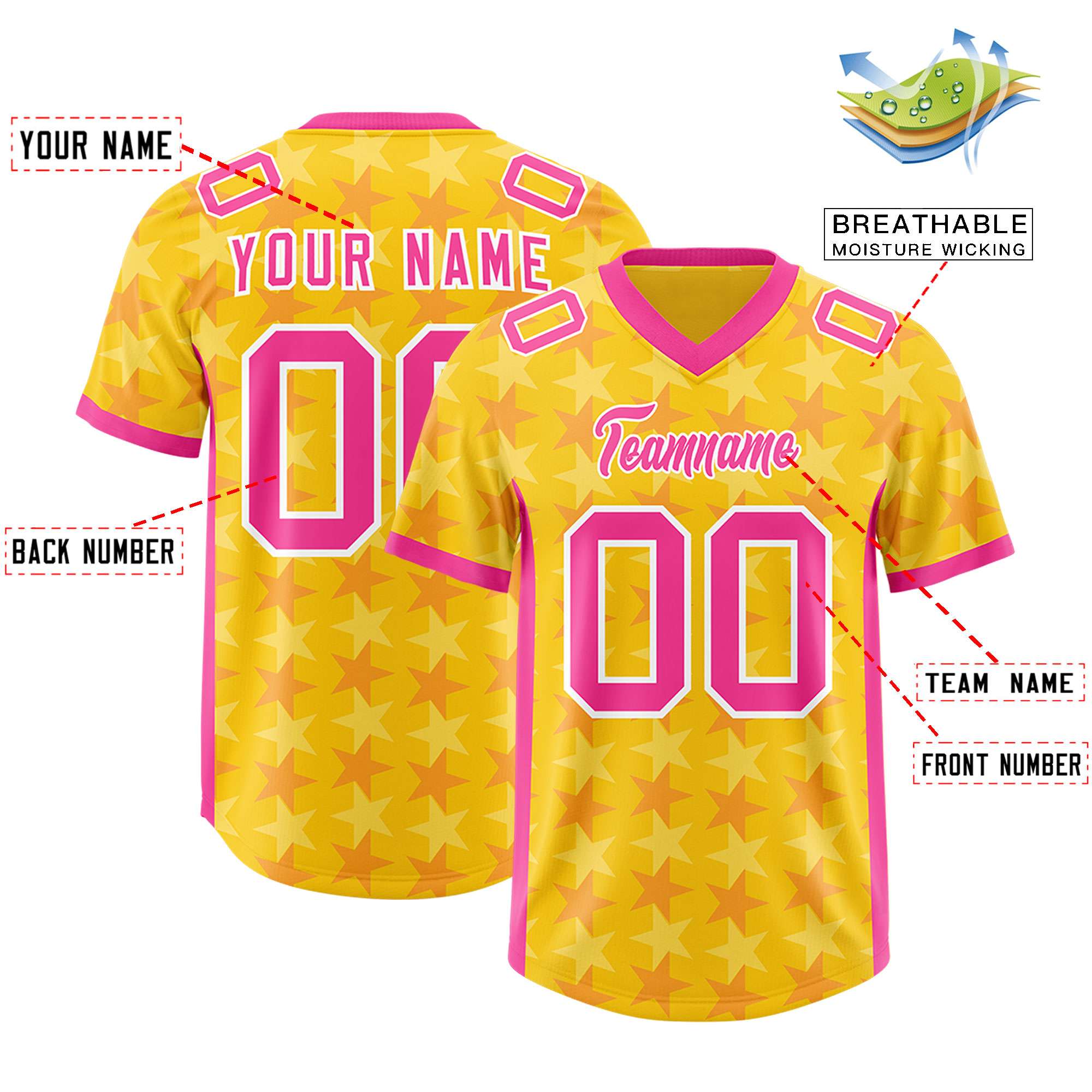 Custom Gold Pink Personalized All Star Graffiti Pattern Authentic American Football Jersey