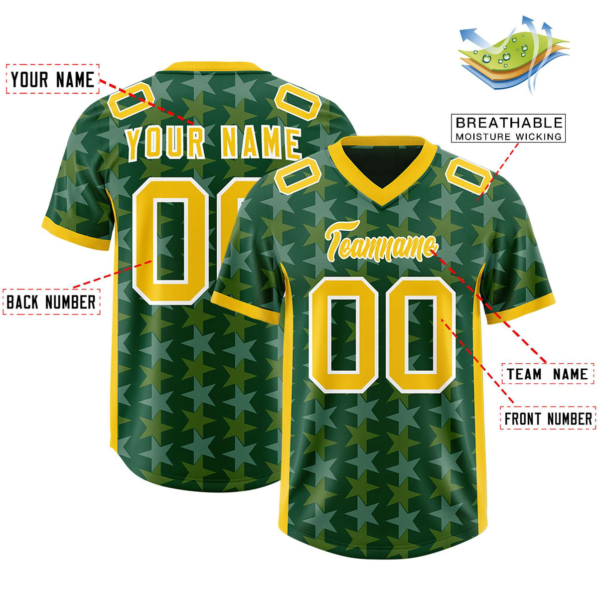 Custom Green Gold Personalized All Star Graffiti Pattern Authentic American Football Jersey