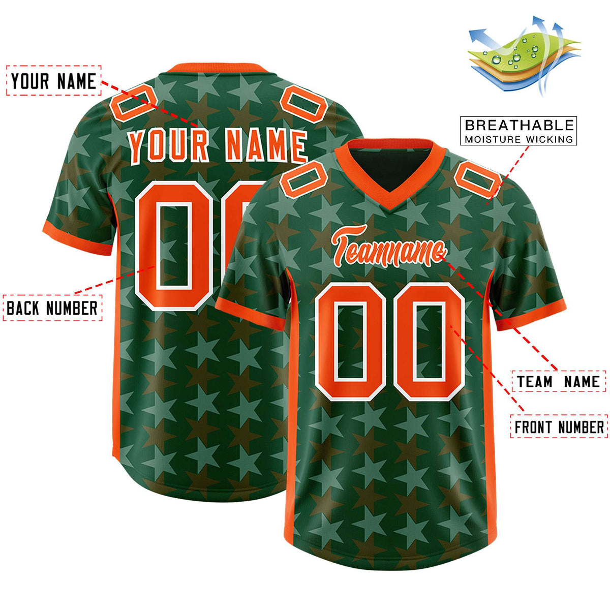 Custom Green Orange Personalized All Star Graffiti Pattern Authentic American Football Jersey