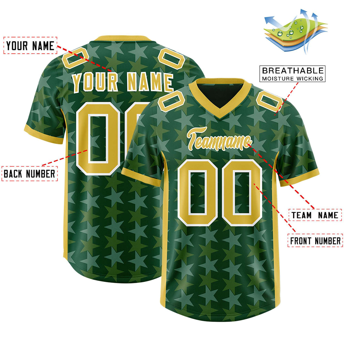 Custom Green Old Gold Personalized All Star Graffiti Pattern Authentic American Football Jersey