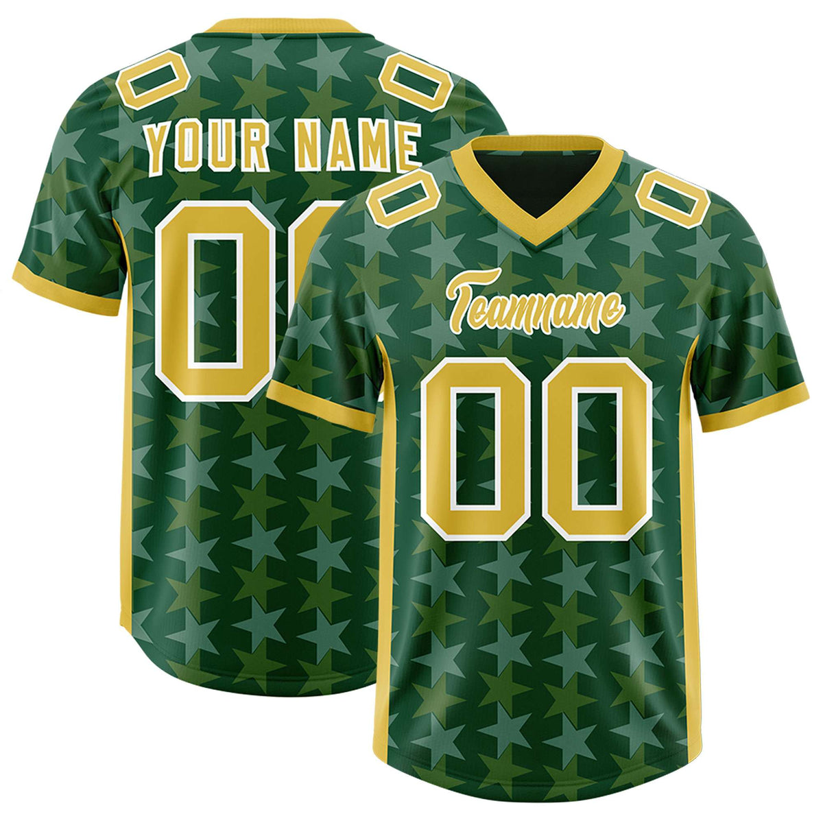 Custom Green Old Gold Personalized All Star Graffiti Pattern Authentic American Football Jersey