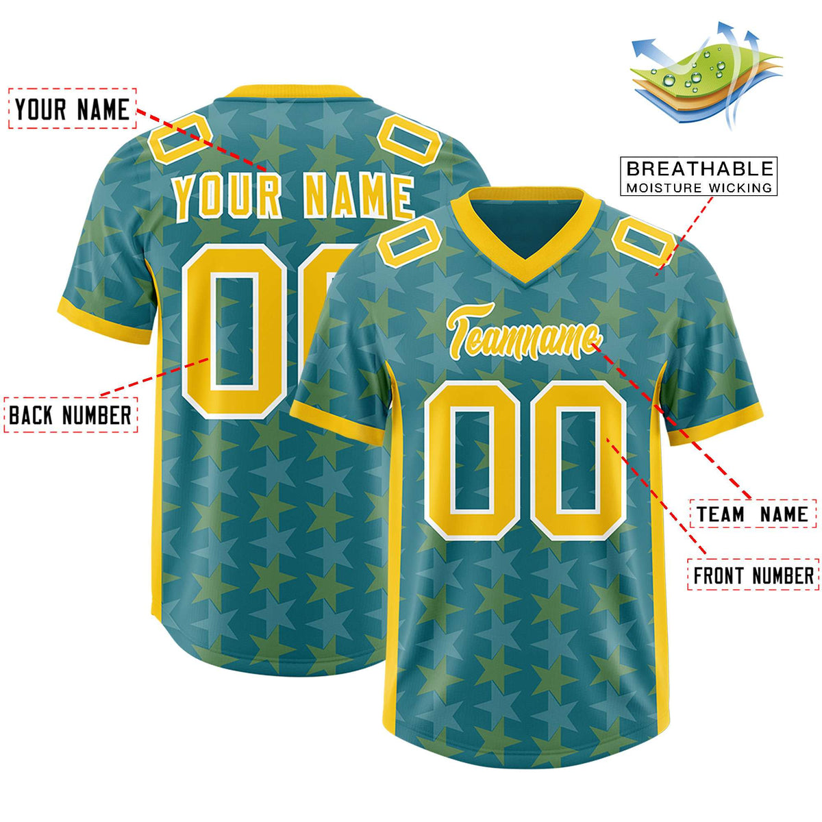 Custom Aqua Gold Personalized All Star Graffiti Pattern Authentic American Football Jersey