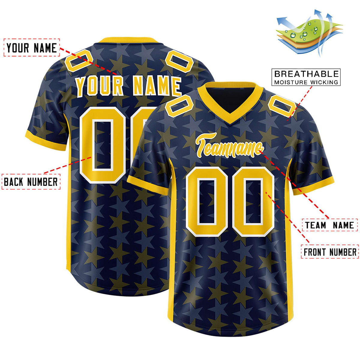Custom Navy Gold Personalized All Star Graffiti Pattern Authentic American Football Jersey