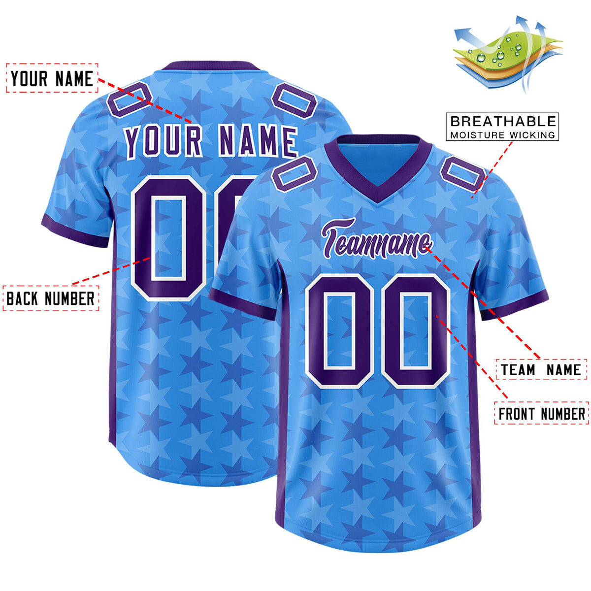 Custom Light Blue Purple Personalized All Star Graffiti Pattern Authentic American Football Jersey