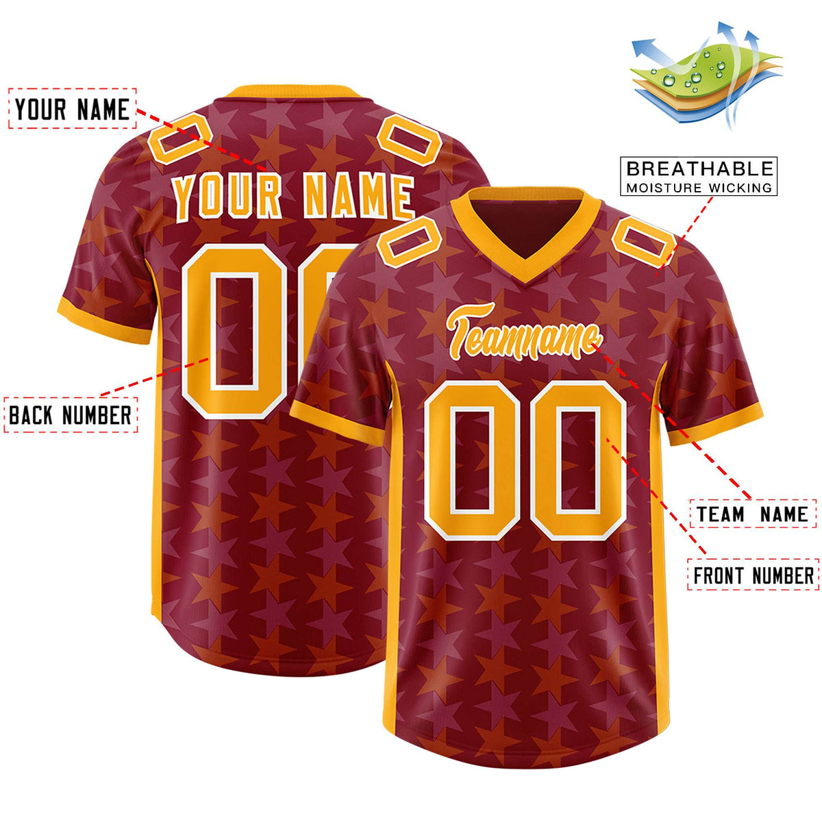 Custom Crimson Yellow Personalized All Star Graffiti Pattern Authentic American Football Jersey