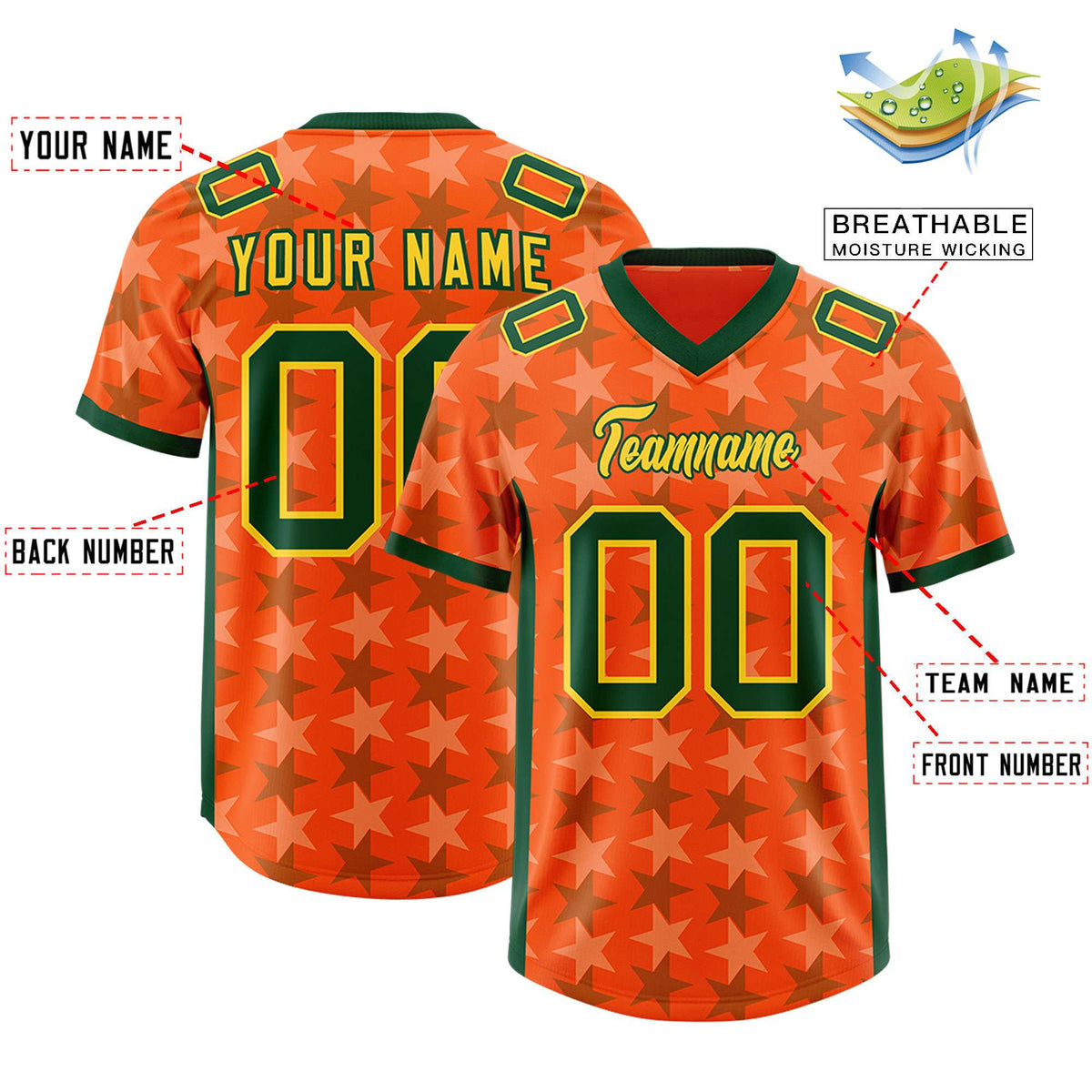 Custom Orange Green Personalized All Star Graffiti Pattern Authentic American Football Jersey