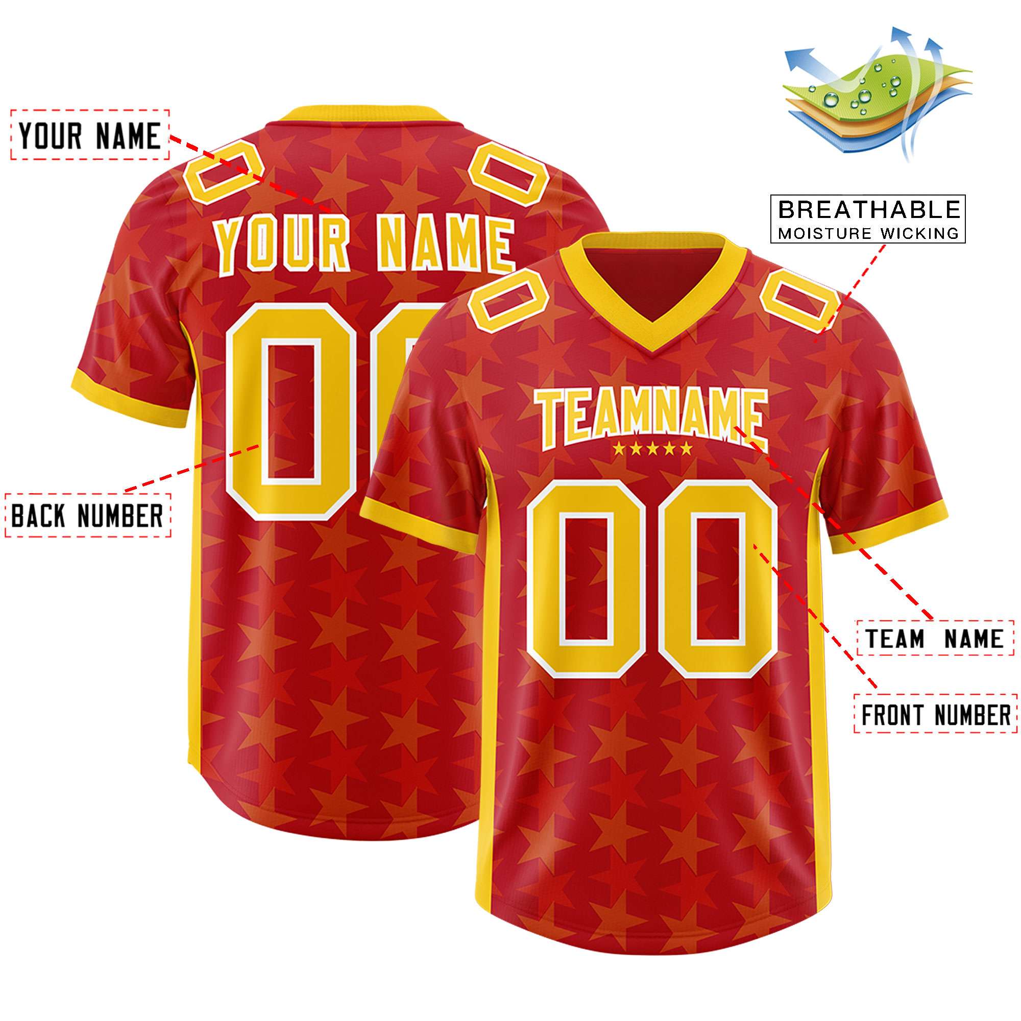 Custom Red Yellow Personalized All Star Graffiti Pattern Authentic American Football Jersey