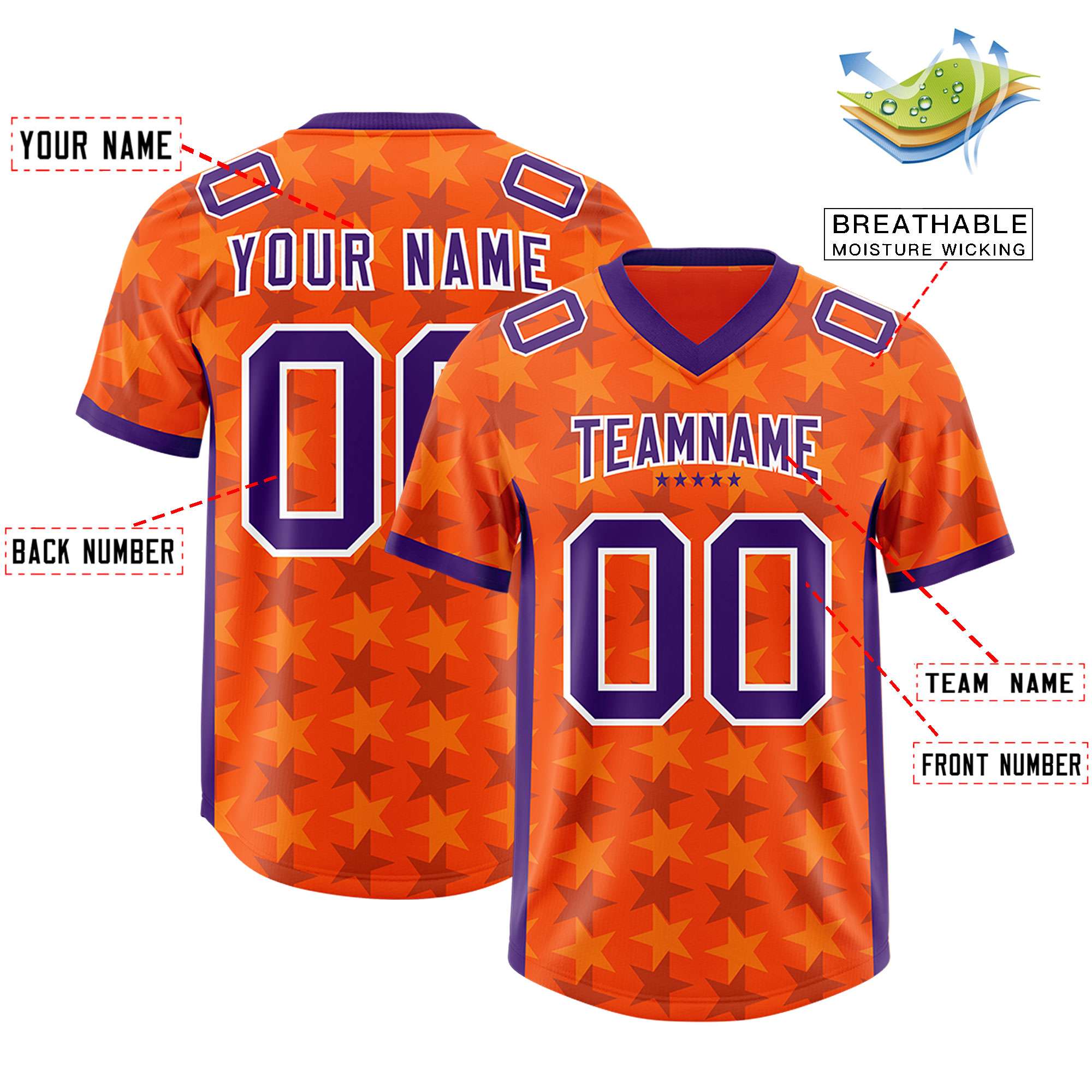 Custom Orange Purple Personalized All Star Graffiti Pattern Authentic American Football Jersey