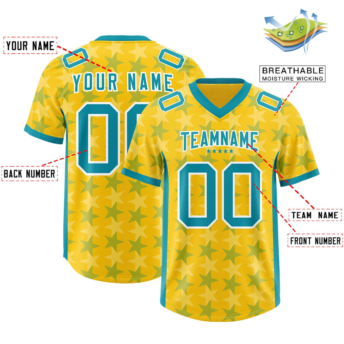 Custom Gold Aqua Personalized All Star Graffiti Pattern Authentic American Football Jersey