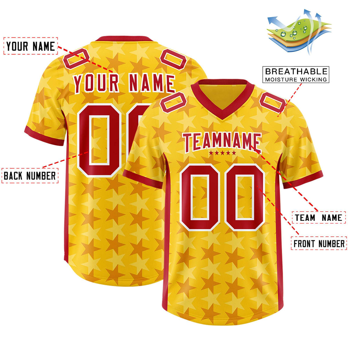 Custom Gold Red Personalized All Star Graffiti Pattern Authentic American Football Jersey