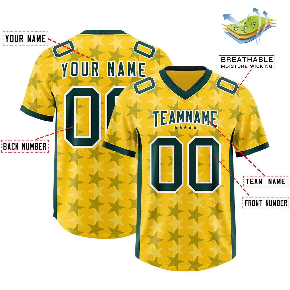 Custom Gold Green Personalized All Star Graffiti Pattern Authentic American Football Jersey