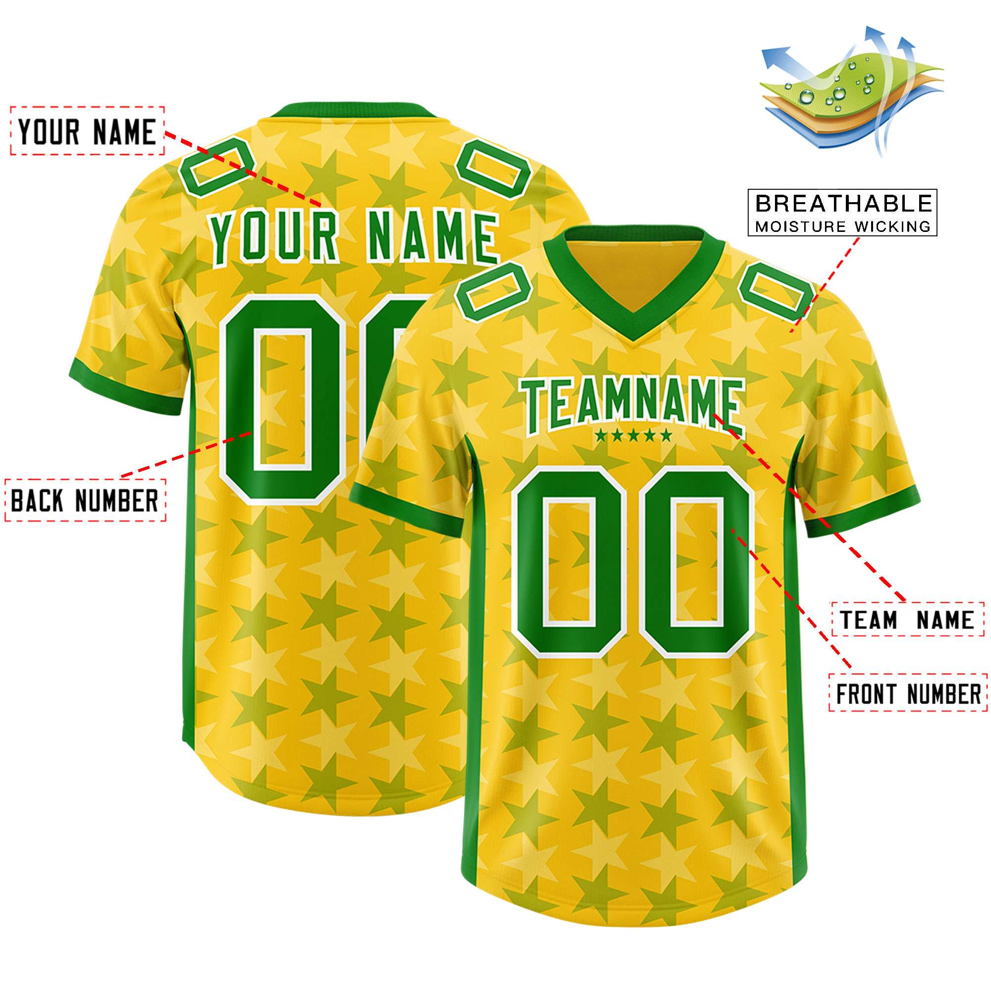 Custom Gold Kelly Green Personalized All Star Graffiti Pattern Authentic American Football Jersey