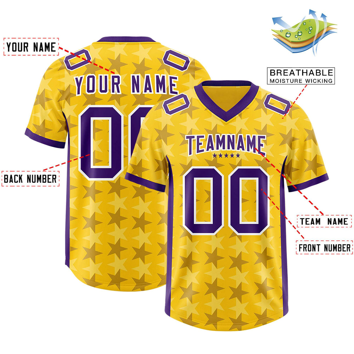 Custom Gold Purple Personalized All Star Graffiti Pattern Authentic American Football Jersey