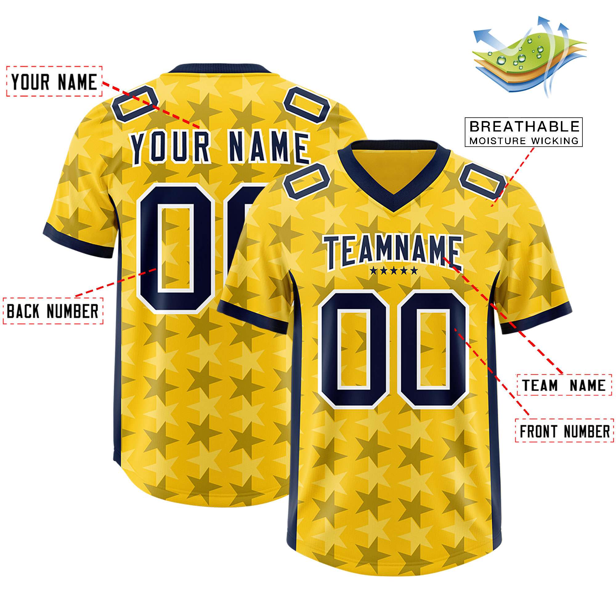 Custom Gold Navy Personalized All Star Graffiti Pattern Authentic American Football Jersey