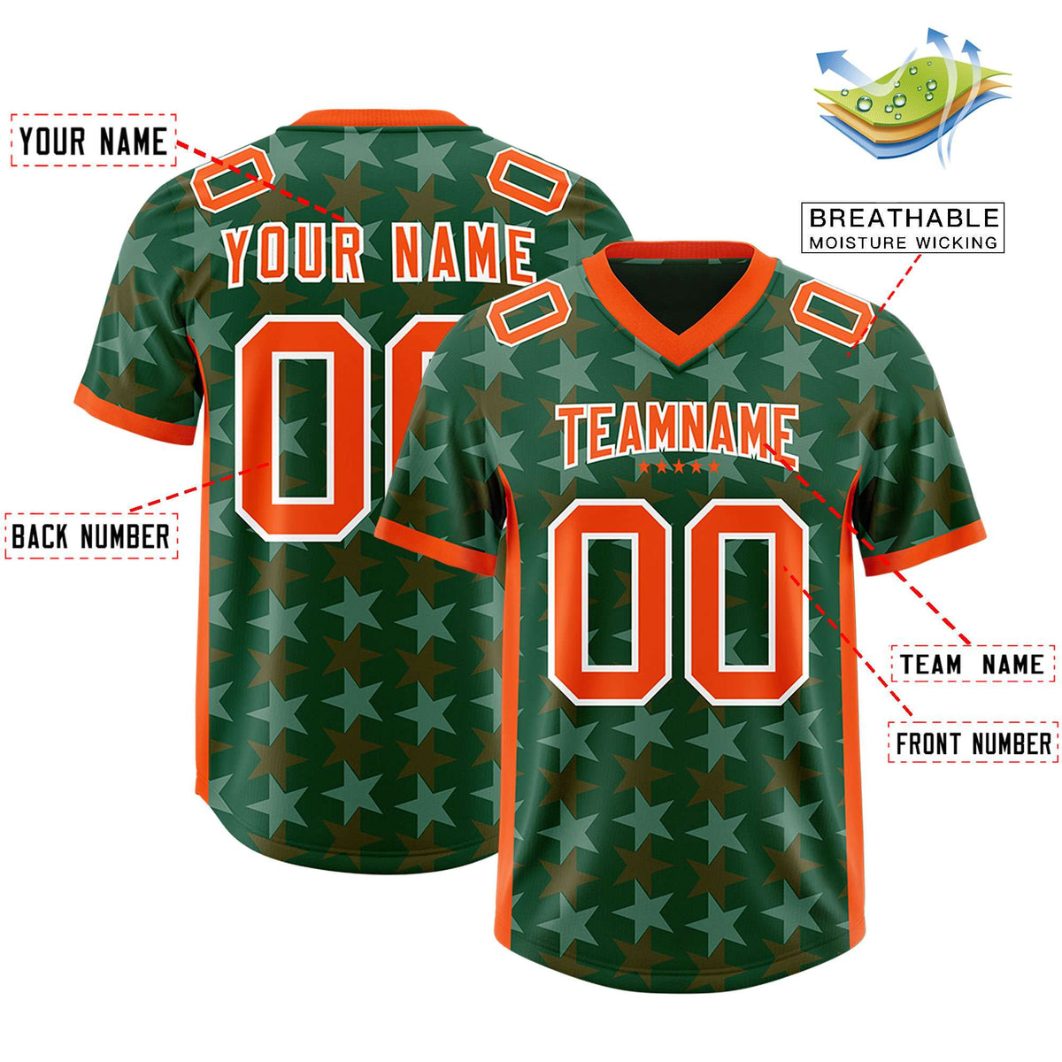 Custom Green Orange Personalized All Star Graffiti Pattern Authentic American Football Jersey