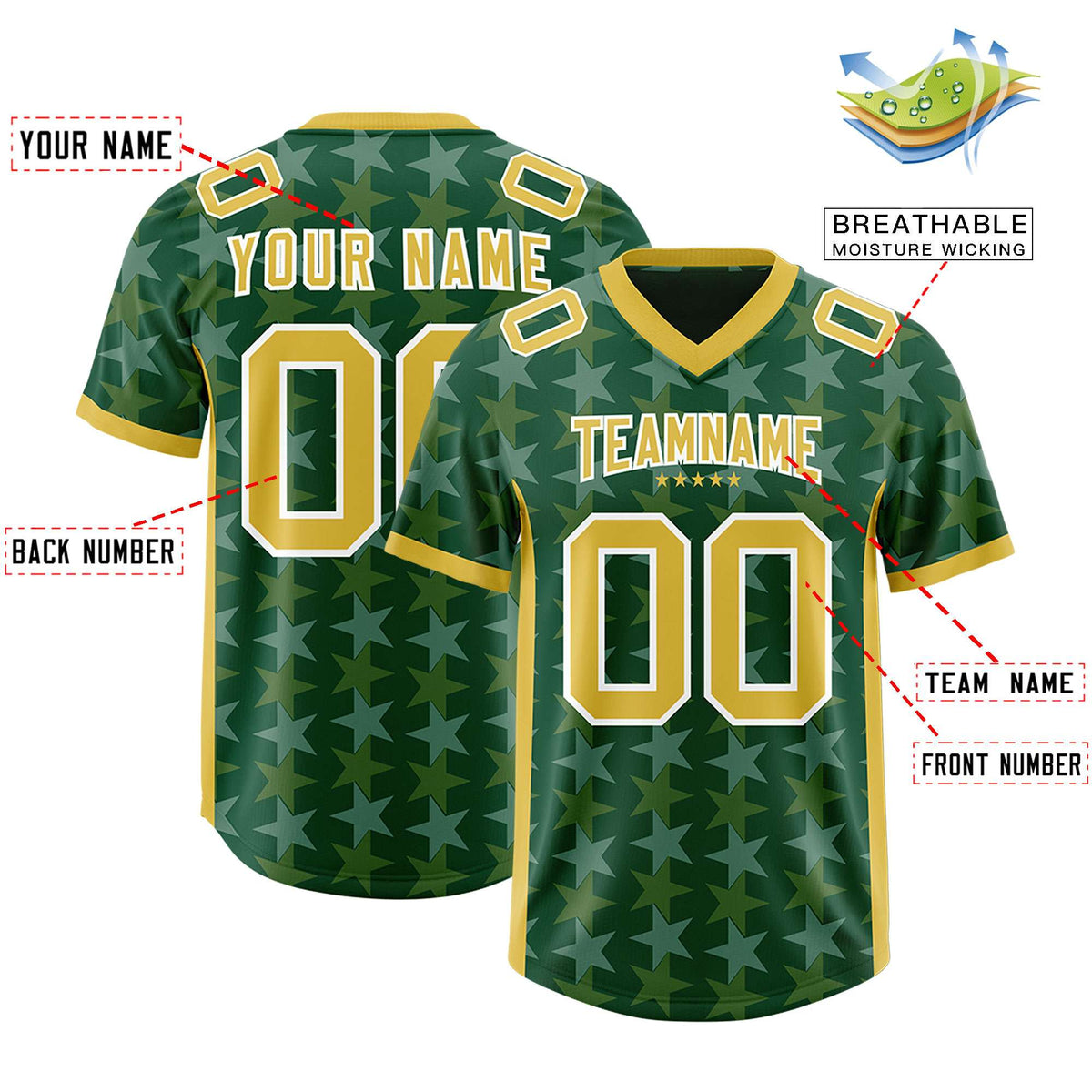 Custom Green Old Gold Personalized All Star Graffiti Pattern Authentic American Football Jersey
