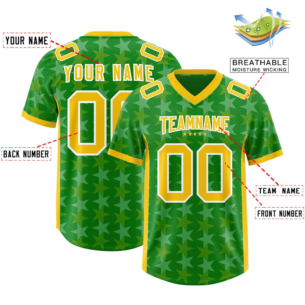 Custom Kelly Green Gold Personalized All Star Graffiti Pattern Authentic American Football Jersey